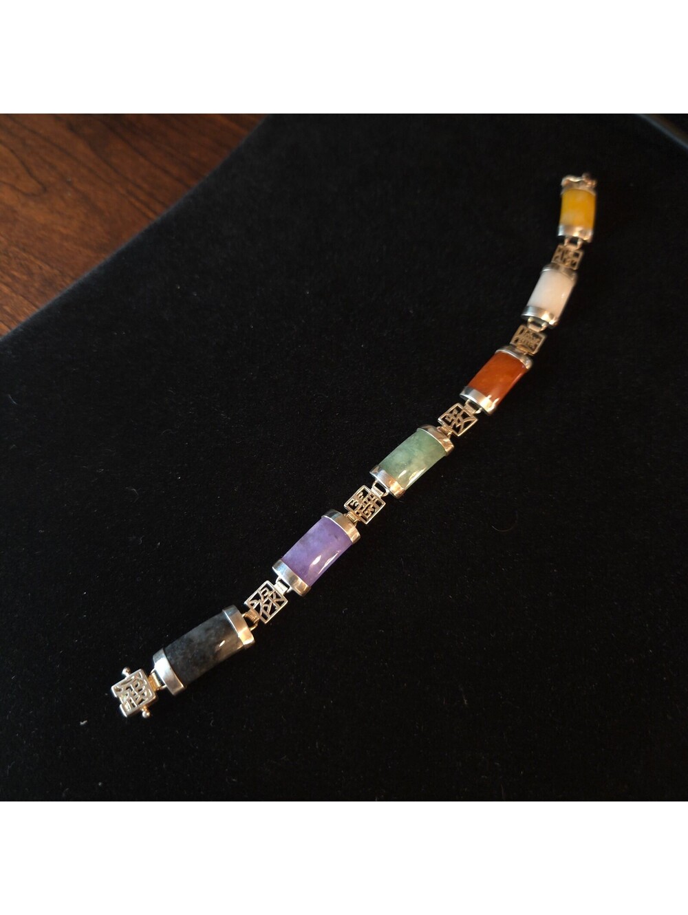 Vintage 7 1/2" Sterling Silver Chinese Multi-Color Jade Bracelet